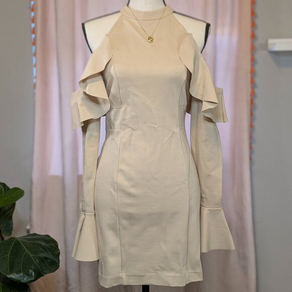 Free People Sweet Talk Frill Ruffle Cold Shoulder Tan Nude Cocktail Dress sz s - Picture 1 of 9